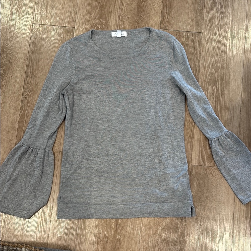 Calvin Klein Gray Ruffled Bell Sleeve Blouse